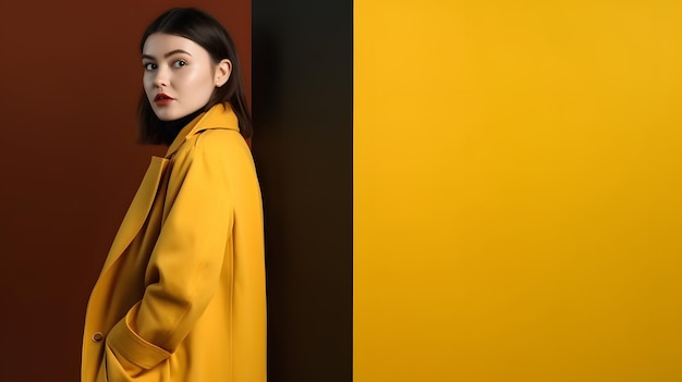 A woman in a yellow coat stands against a black wall.