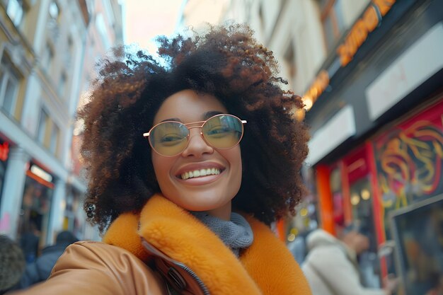 Foto donna in cappotto giallo che si fa un selfie generato dall'ai