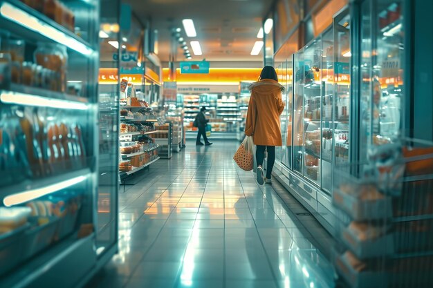 Woman in yellow coat walking down the aisle of a supermarket