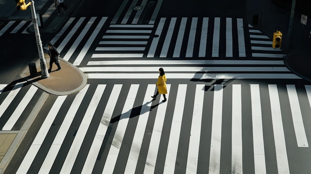 Photo a woman in a yellow coat walks across a crosswalk.