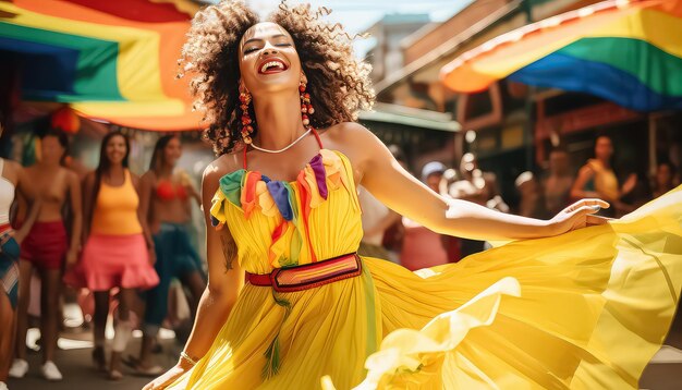 Woman in yellow dress dancing for the Day of the Dead in Mexico