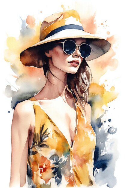 A woman in a yellow dress and hat with a hat and sunglasses