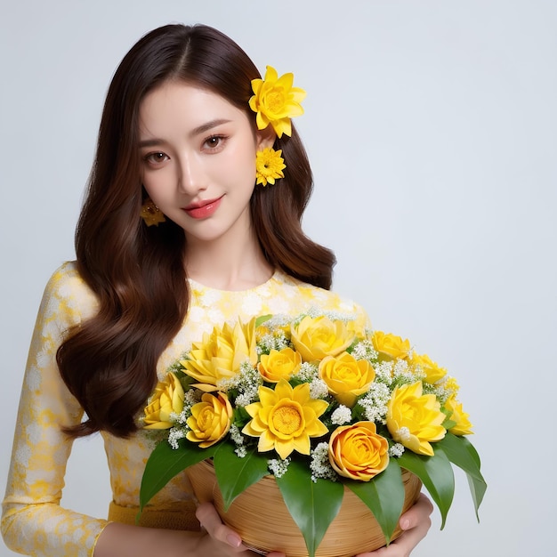 женщина в желтом платье с букетом цветов
