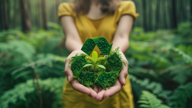 Photo woman in yellow dress holding plant