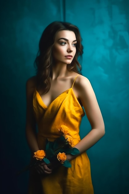 A woman in a yellow dress holds flowers in front of a blue background.