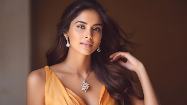 a woman in a yellow dress is posing with a pendant.