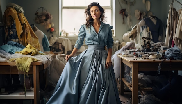 A woman in a yellow dress is sitting at a sewing machine