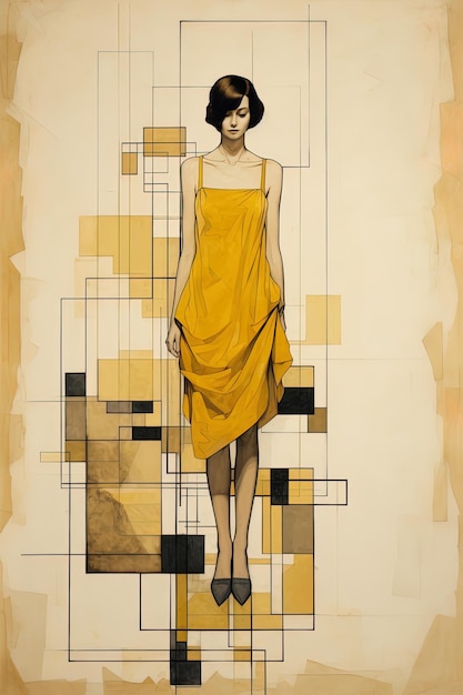 a woman in a yellow dress is standing in a yellow dress