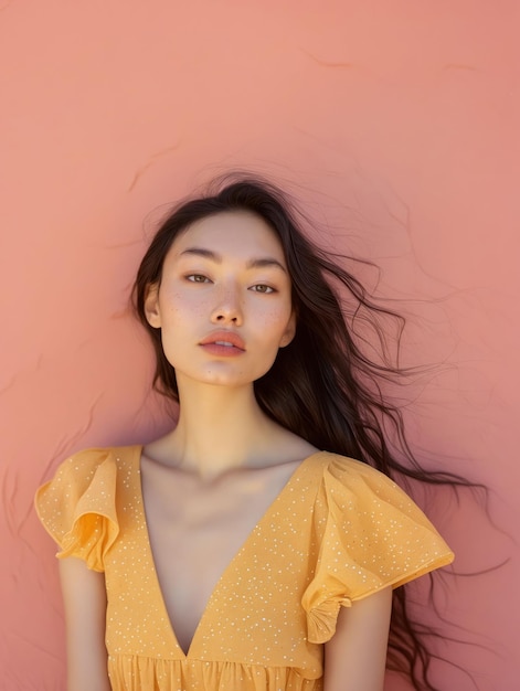 A woman in a yellow dress leaning against a pink wall