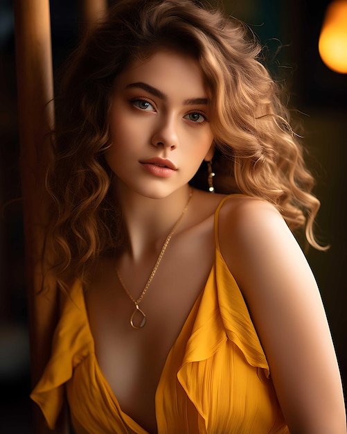 Woman in Yellow Dress and Necklace