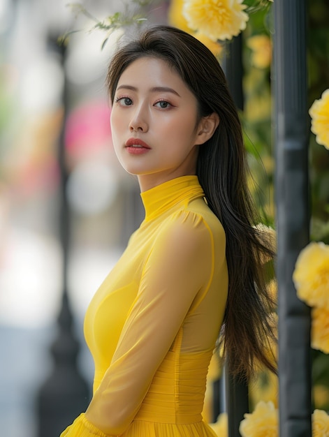 a woman in a yellow dress posing for a photo