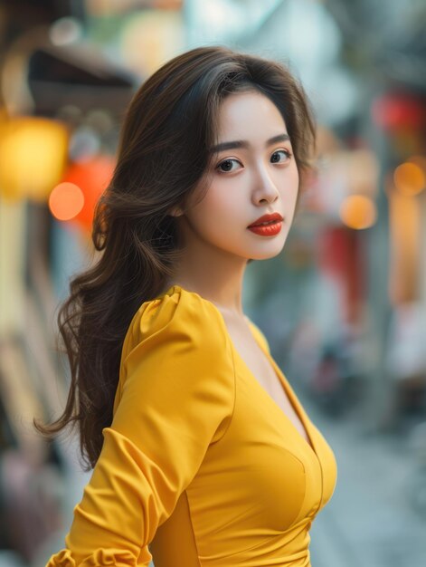 a woman in a yellow dress posing for a photo