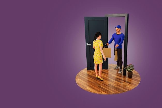 Woman in Yellow Dress Receiving two Paper Packets from deliveryman at the door Text space Top view