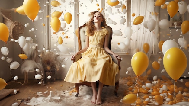 A woman in a yellow dress sits in a room with balloons floating around her.