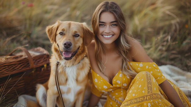 Photo woman in a yellow dress sitting next to a dog