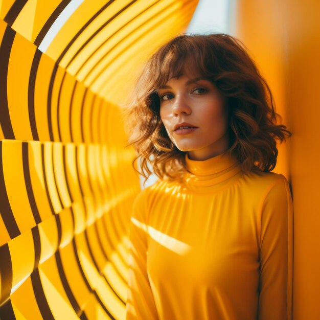 A woman in a yellow dress standing in front of a striped wall