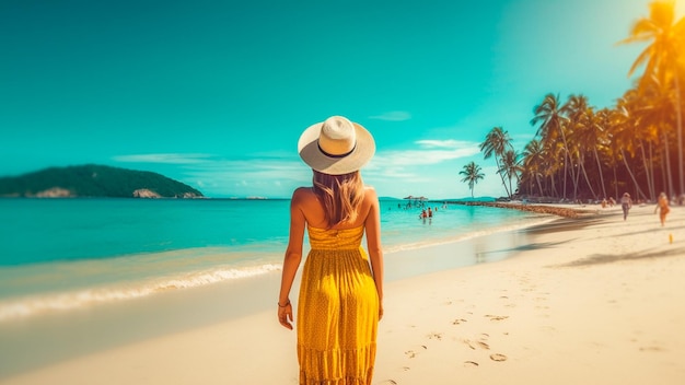 A woman in a yellow dress stands on a beach looking at the ocean