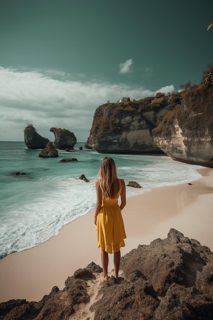 Женщина в желтом платье стоит на пляже и смотрит на море.