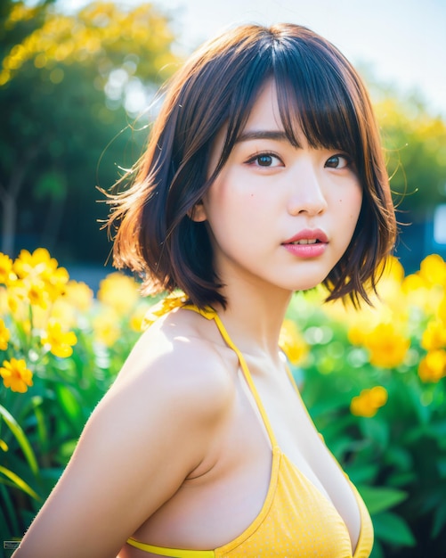 A woman in a yellow dress stands in a field of flowers.