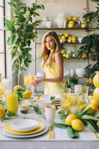 黄色いドレスを着た女性が、黄色いレモンがいっぱいのテーブルの前に立っています。