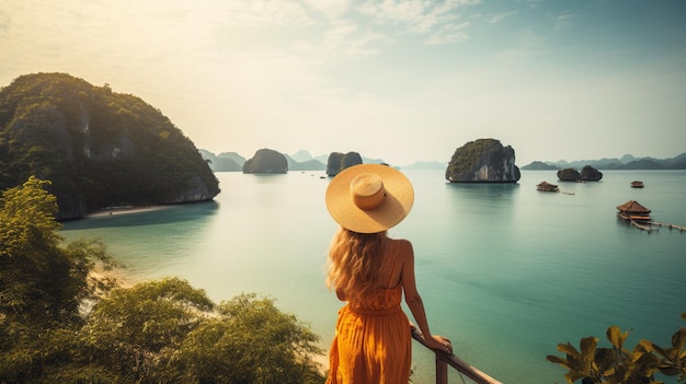 A woman in a yellow dress stands on a pier looking out to the sea.