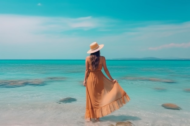 A woman in a yellow dress stands in the water and looks at the ocean.