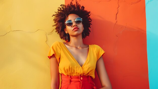 a woman in a yellow dress and sunglasses poses in front of a red wall