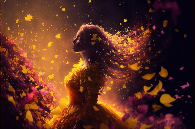A woman in a yellow dress with butterflies on her head