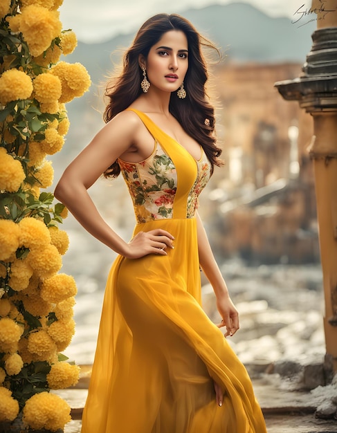 a woman in a yellow dress with flowers on her shoulder