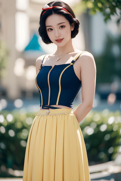 a woman in a yellow dress with a gold and black belt