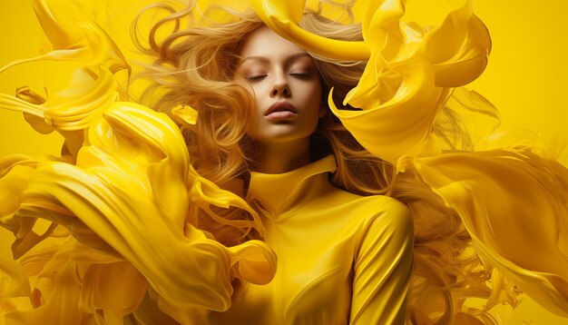 Woman in yellow dress with hair blowing in wind