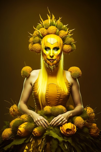 Foto una donna in abito giallo con una maschera di frutta sul viso