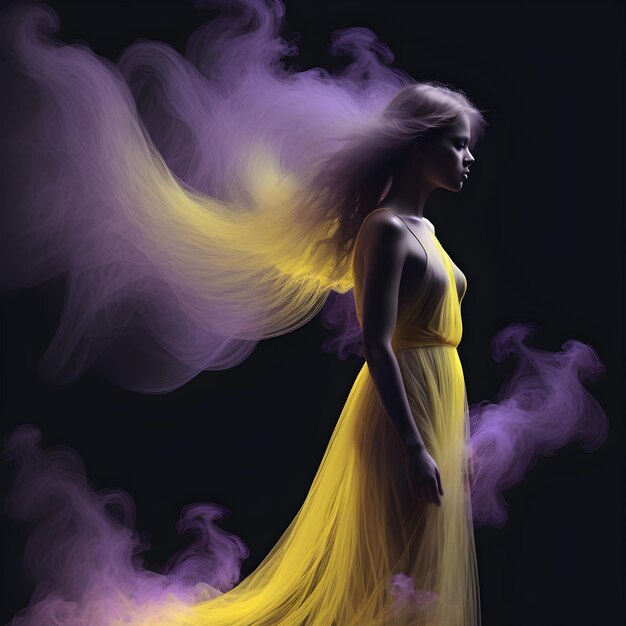 a woman in a yellow dress with purple streaks on the bottom