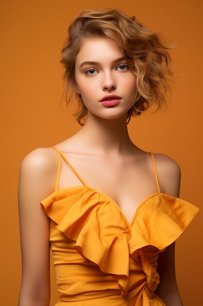 Photo woman in yellow dress with ruffles