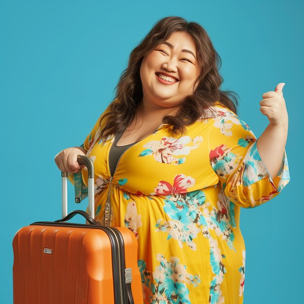 Photo a woman in a yellow dress with a suitcase