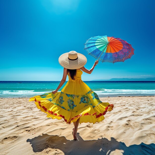 A woman in a yellow dress with a sun hat and umbrella on the beach