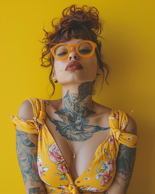 A woman in a yellow dress with tattoos