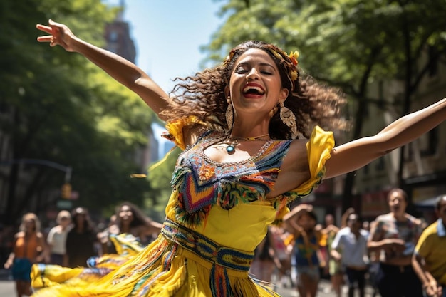 Photo a woman in a yellow dress with the word  on it