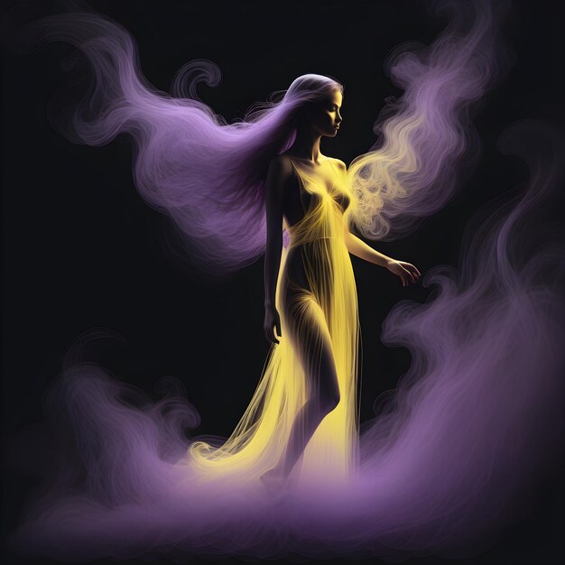 a woman in a yellow dress with the word she is walking in the dark