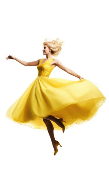 A woman in a yellow dress with a yellow dress on the bottom.