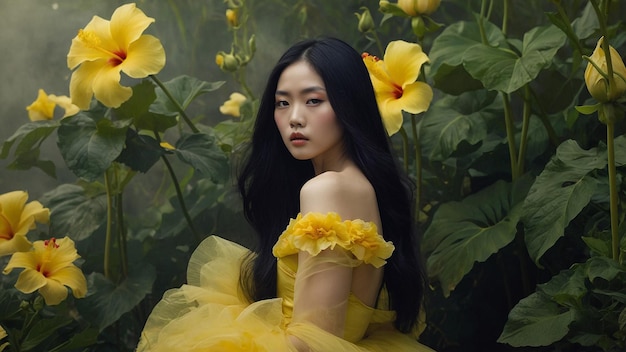 黄色い花をつけた黄色いドレスを着た女性
