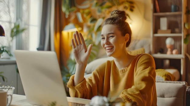 黄色い服を着た女性が居心地の良いホームオフィスでビデオコールを楽しんでいます 笑顔の女性が友達と仮想的に接続しています 通信と現代のライフスタイルのAI