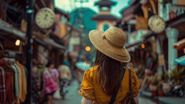 Woman in yellow exploring an old street market travel and adventure concept with a vintage feel perfect for lifestyle blogs AI