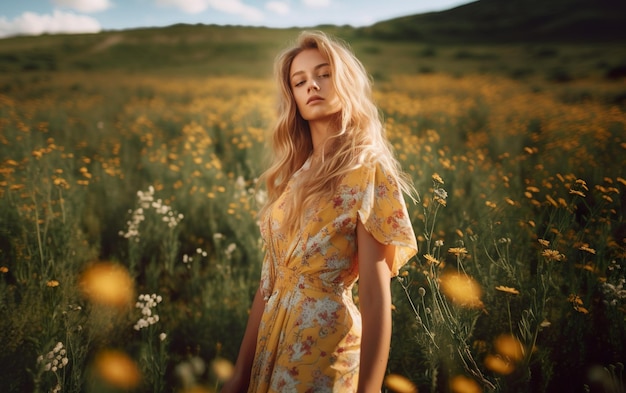 A woman in a yellow floral dress stands in a field of flowers.