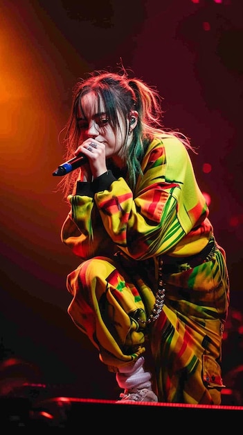 Photo a woman in a yellow and green outfit holding a microphone