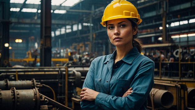 Photo a woman in a yellow hard hat stands in a factory