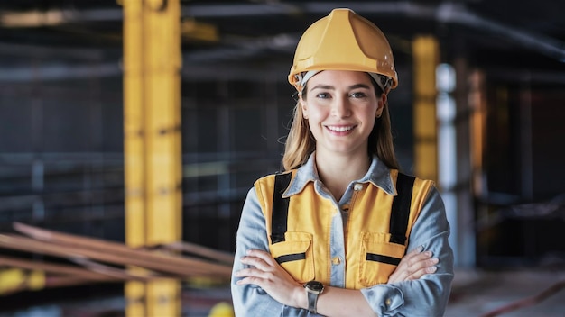 a woman in a yellow hard hat stands in front of a metal structure with her arms crossed