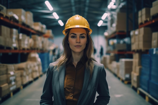 A woman in a yellow hard hat stands in a warehouse.