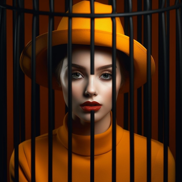 A woman in a yellow hat and orange sweater stands behind a black metal cage.