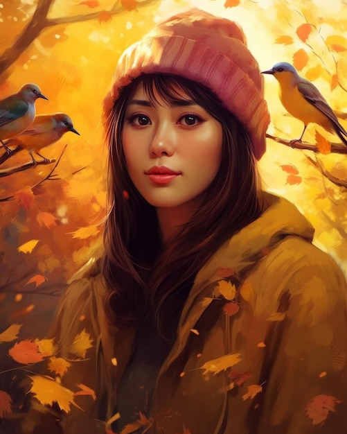 A woman in a yellow hat and a pink hat stands in front of a tree with birds on it.